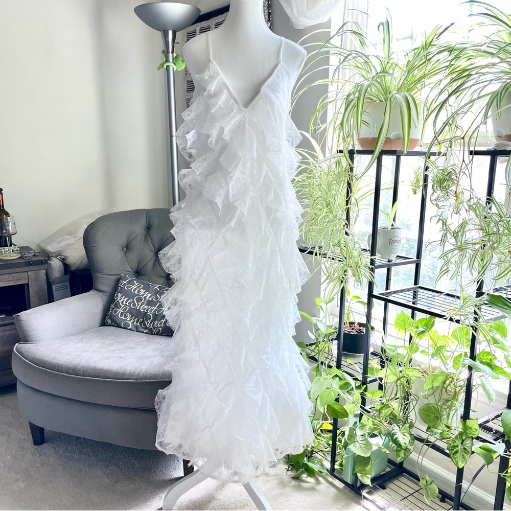 BHLDN Jia Bias-Cut Lace Ruffled V-Neck Gown White Bridal Slip Dress NWT 6 - Picture 7 of 16
